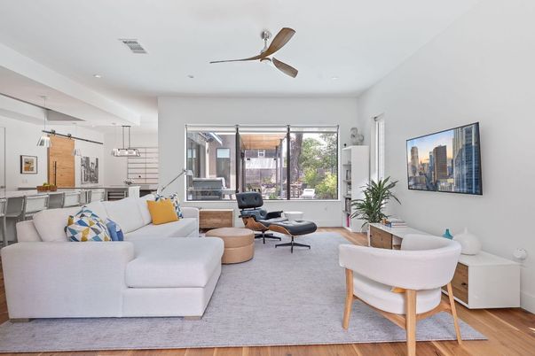 Interior, Living room, Pendant Lights, Recessed Lighting, Wood Texture Flooring