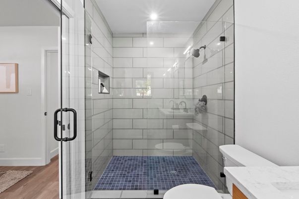 Bathroom, Glass Shower, Interior, Recessed Lighting, Wood Texture Flooring