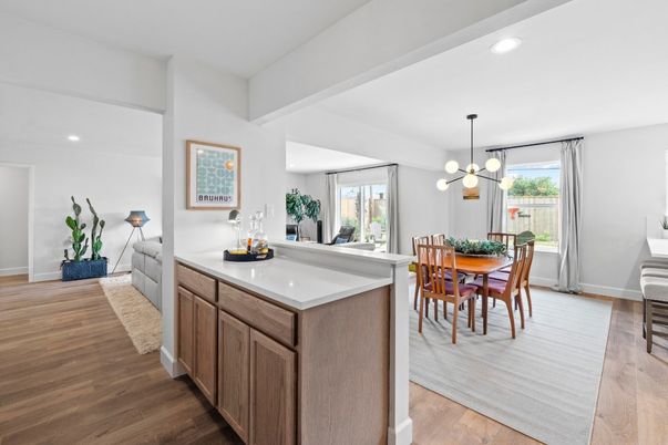 Dining room, Interior, Kitchen, Pendant Lights, Recessed Lighting, Wood Texture Flooring