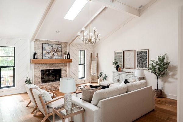 Chandelier, Fireplace, Interior, Living room, Stone Walls, Wood Texture Flooring