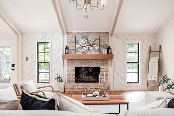 Chandelier, Fireplace, Interior, Living room, Stone Walls, Wood Texture Flooring