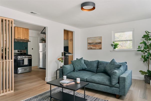 Interior, Kitchen, Living room, Stainless Steel Appliances, Wood Texture Flooring