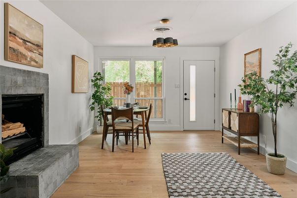 Dining room, Fireplace, Interior, Wood Texture Flooring