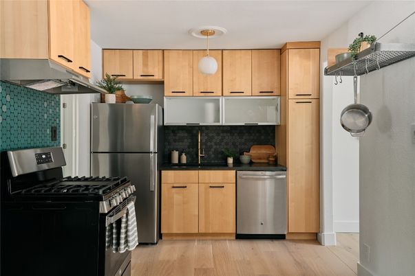 Interior, Kitchen, Pendant Lights, Stainless Steel Appliances, Wood Texture Flooring