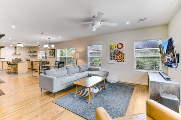 Dining room, Interior, Kitchen, Living room, Pendant Lights, Recessed Lighting, Stainless Steel Appliances, Wood Texture Flooring