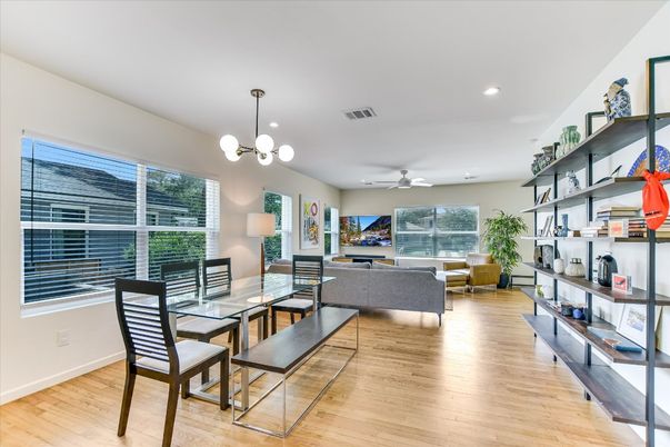 Dining room, Interior, Living room, Pendant Lights, Recessed Lighting, Wood Texture Flooring