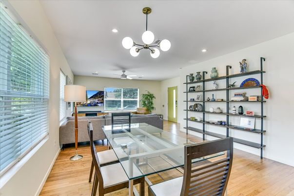 Dining room, Interior, Living room, Pendant Lights, Recessed Lighting, Wood Texture Flooring