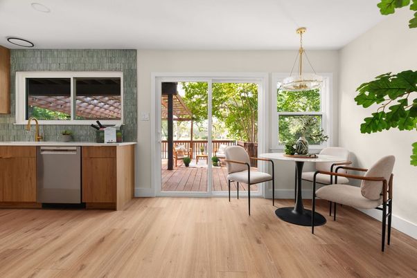 Dining room, Interior, Pendant Lights, Wood Texture Flooring
