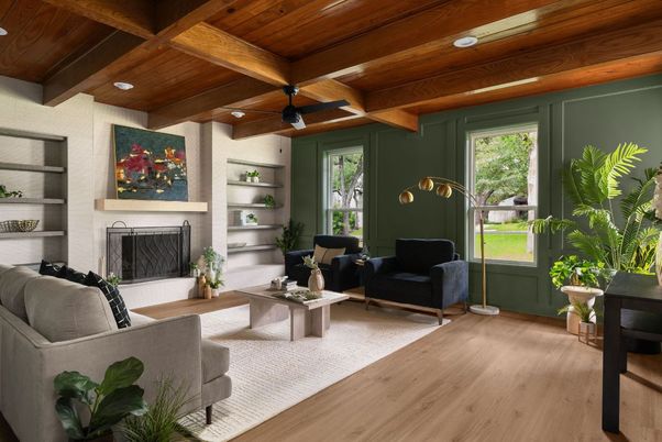 Fireplace, Interior, Living room, Recessed Lighting, Wooden Beams, Wooden Ceilings, Wood Texture Flooring
