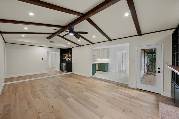 Empty room, Interior, Recessed Lighting, Wooden Beams, Wood Texture Flooring