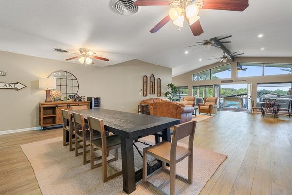 Dining room, Interior, Living room, Recessed Lighting, Wood Texture Flooring