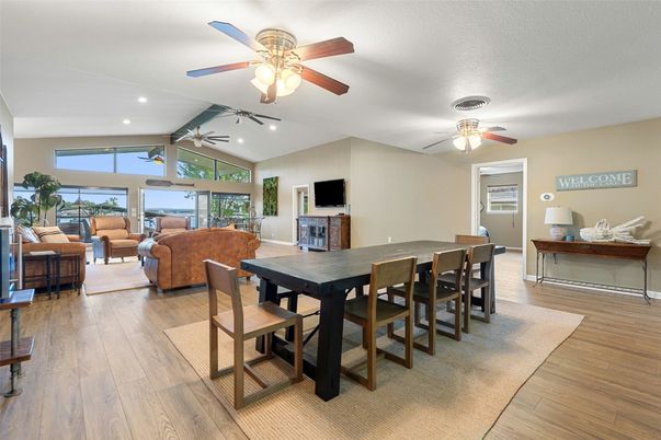 Dining room, Interior, Living room, Recessed Lighting, Wood Texture Flooring