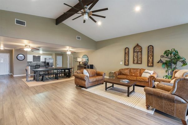 Dining room, Interior, Living room, Recessed Lighting, Wooden Beams, Wood Texture Flooring