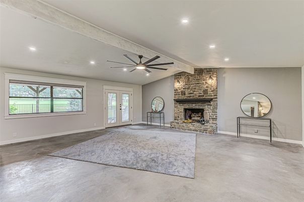 Empty room, Fireplace, Interior, Recessed Lighting, Stone Walls