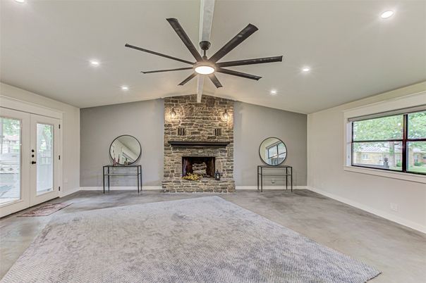Empty room, Fireplace, Interior, Recessed Lighting, Stone Walls