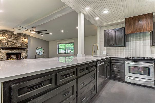 Fireplace, Interior, Kitchen, Recessed Lighting, Stone Walls