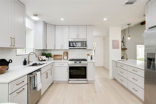 Interior, Kitchen, Pendant Lights, Recessed Lighting, Stainless Steel Appliances, Wood Texture Flooring