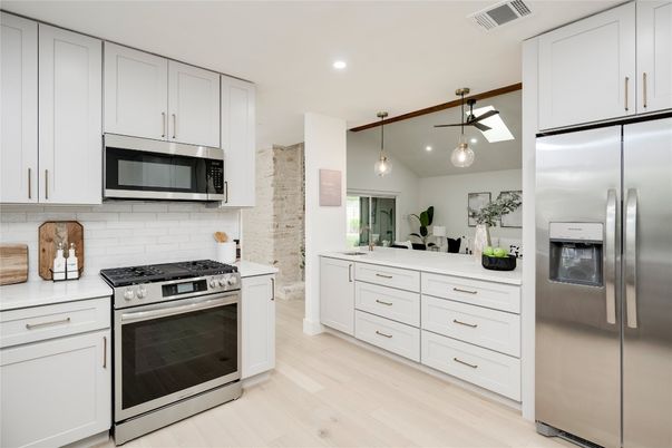 Interior, Kitchen, Pendant Lights, Recessed Lighting, Stainless Steel Appliances, Wood Texture Flooring
