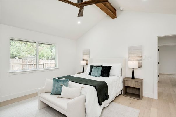 Bedroom, Interior, Recessed Lighting, Wooden Beams, Wood Texture Flooring