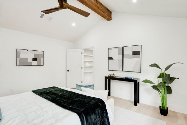 Bedroom, Interior, Recessed Lighting, Wooden Beams, Wood Texture Flooring