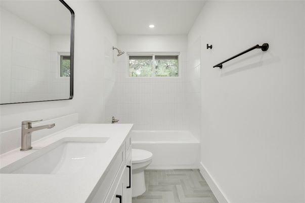 Bathroom, Dual Sink Vanities, Interior, Recessed Lighting, Wood Texture Flooring