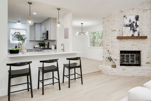 Fireplace, Interior, Kitchen, Pendant Lights, Recessed Lighting, Stone Walls, Wood Texture Flooring