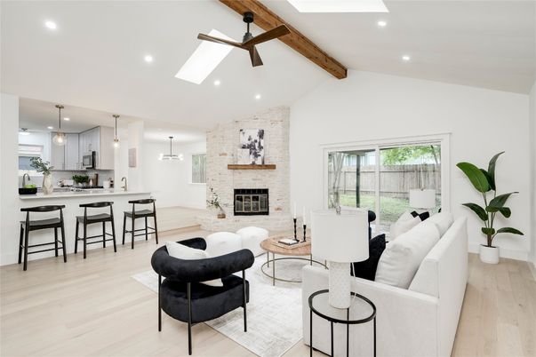 Dining room, Fireplace, Interior, Kitchen, Living room, Pendant Lights, Recessed Lighting, Stone Walls, Wooden Beams, Wood Texture Flooring