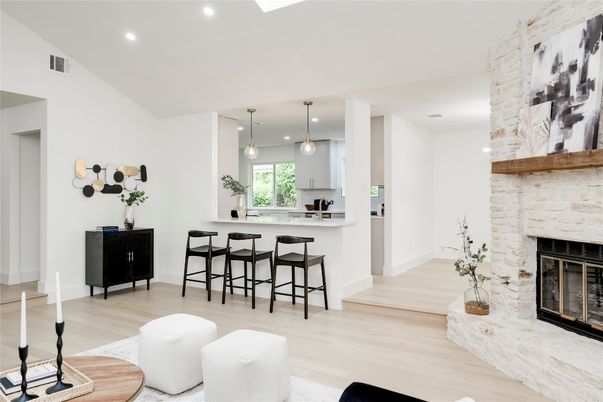 Fireplace, Interior, Kitchen, Pendant Lights, Recessed Lighting, Stone Walls, Wood Texture Flooring