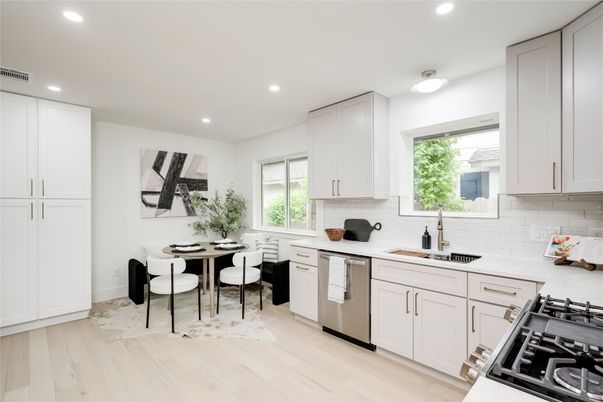 Dining room, Interior, Kitchen, Recessed Lighting, Stainless Steel Appliances, Wood Texture Flooring