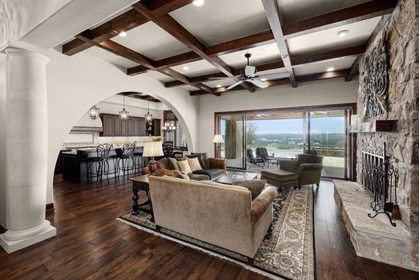 Fireplace, Interior, Kitchen, Living room, Pendant Lights, Recessed Lighting, Stone Walls, Water, Wooden Beams, Wood Texture Flooring