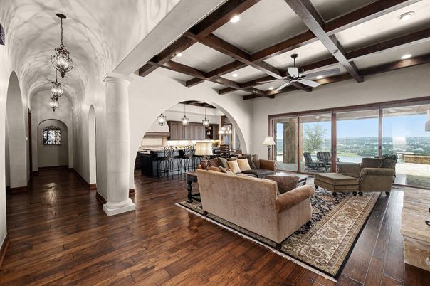 Interior, Kitchen, Living room, Pendant Lights, Recessed Lighting, Wooden Beams, Wood Texture Flooring
