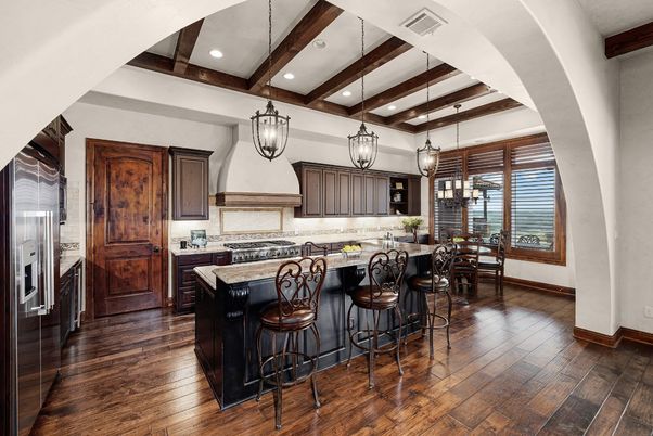 Dining room, Interior, Kitchen, Pendant Lights, Recessed Lighting, Stainless Steel Appliances, Wooden Beams, Wood Texture Flooring
