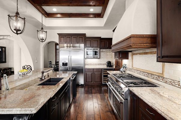 Interior, Kitchen, Pendant Lights, Recessed Lighting, Stainless Steel Appliances, Wooden Beams, Wood Texture Flooring