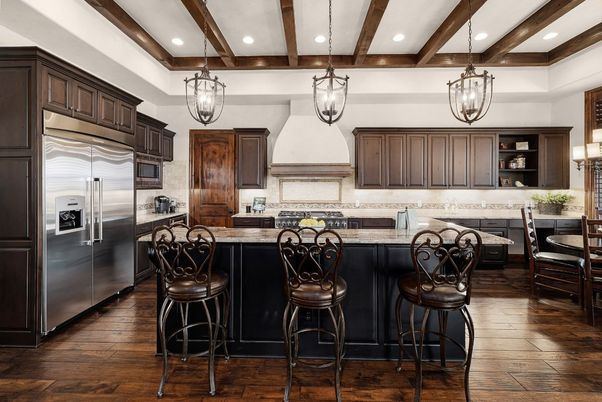 Interior, Kitchen, Pendant Lights, Recessed Lighting, Stainless Steel Appliances, Wooden Beams, Wood Texture Flooring
