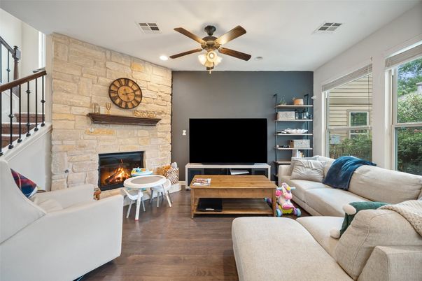 Fireplace, Interior, Living room, Stone Walls, Wood Texture Flooring