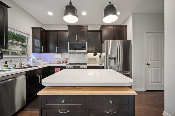 Interior, Kitchen, Pendant Lights, Recessed Lighting, Stainless Steel Appliances, Wood Texture Flooring