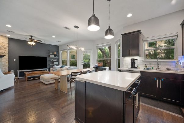 Dining room, Interior, Kitchen, Living room, Pendant Lights, Recessed Lighting, Wood Texture Flooring