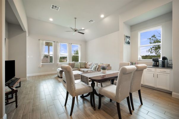 Dining room, Interior, Living room, Recessed Lighting, Wood Texture Flooring