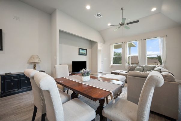 Dining room, Interior, Living room, Recessed Lighting, Wood Texture Flooring