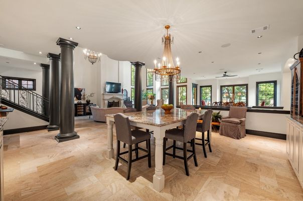 Chandelier, Dining room, Fireplace, Interior, Living room, Recessed Lighting