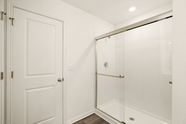 Bathroom, Glass Shower, Interior, Recessed Lighting, Wood Texture Flooring
