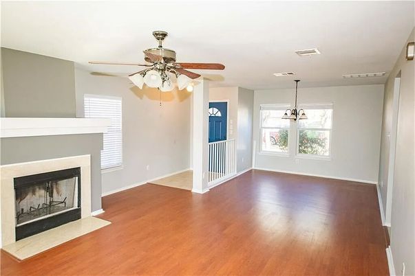 Empty room, Fireplace, Interior, Pendant Lights, Wood Texture Flooring