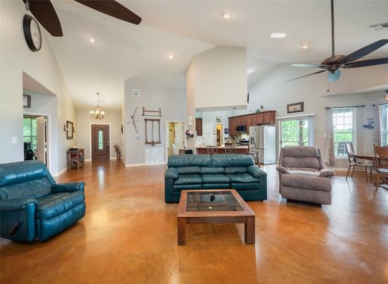 Chandelier, Dining room, Interior, Kitchen, Living room, Recessed Lighting, Stainless Steel Appliances, Wood Texture Flooring