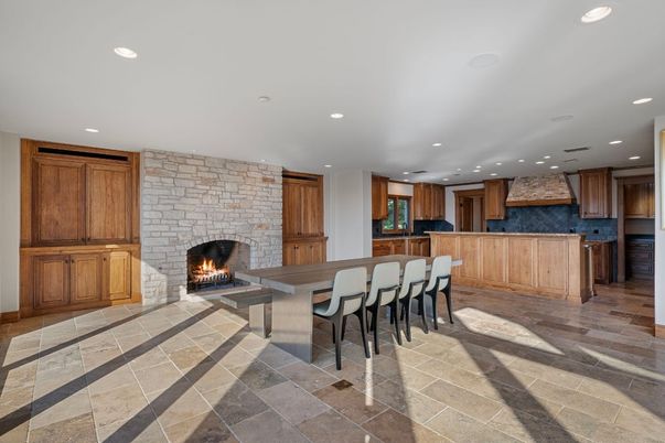 Fireplace, Interior, Kitchen, Recessed Lighting, Stone Walls