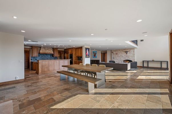 Fireplace, Interior, Kitchen, Living room, Recessed Lighting, Stone Walls