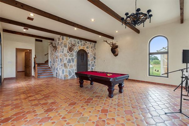Billiard Table, Chandelier, Game Room, Interior, Recessed Lighting, Stone Walls, Wooden Beams