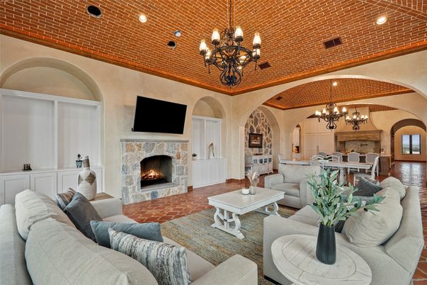 Chandelier, Dining room, Fireplace, Interior, Living room, Recessed Lighting