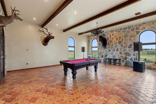 Billiard Table, Chandelier, Game Room, Interior, Recessed Lighting, Stone Walls, Wooden Beams