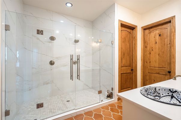 Bathroom, Glass Shower, Interior, Marble Walls, Recessed Lighting