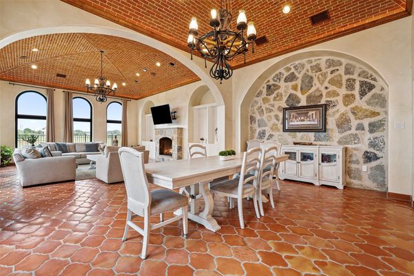 Chandelier, Dining room, Fireplace, Interior, Living room, Recessed Lighting